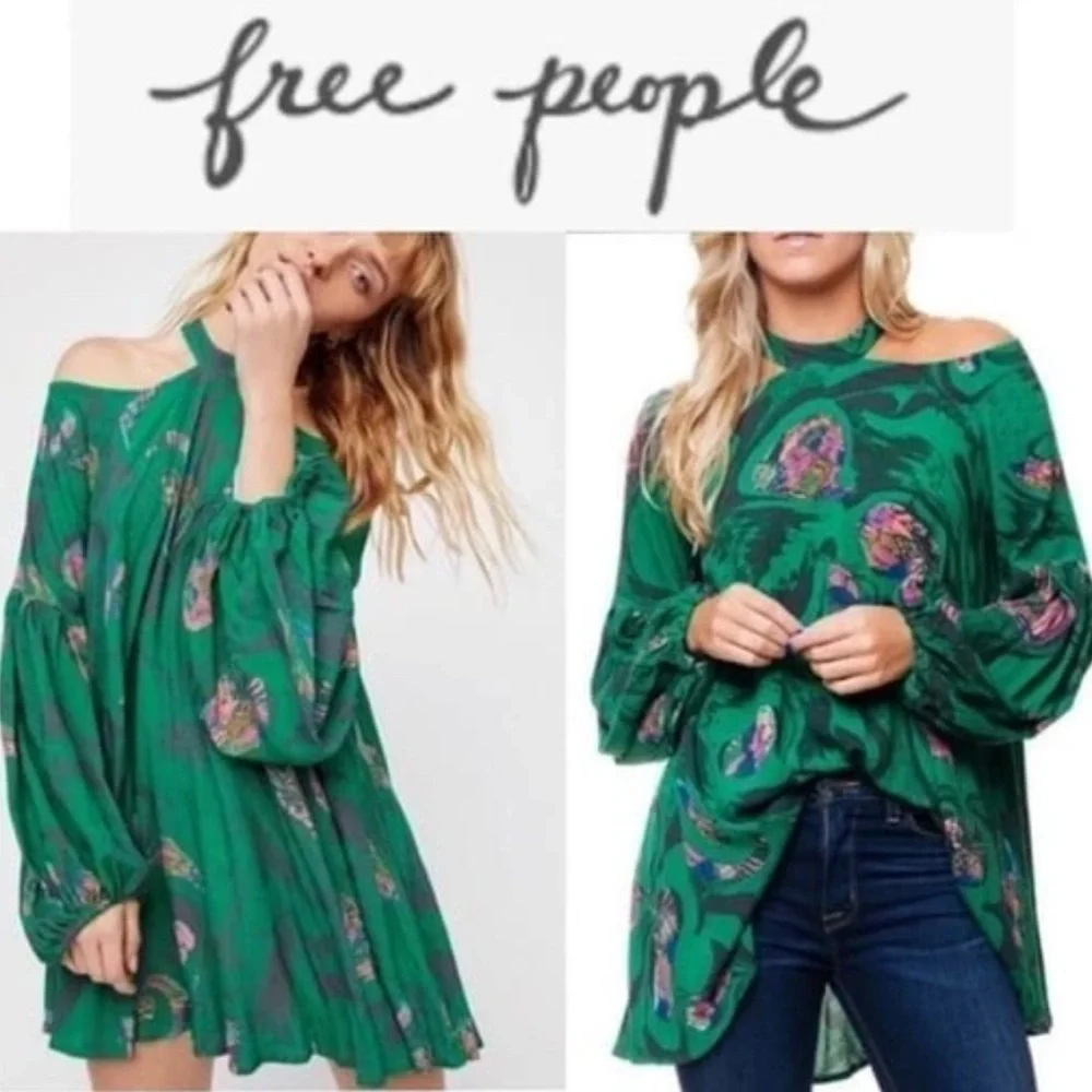 Free People Cold Shoulder Tunic‎ Dress Kelly Green Pink Size Small - Picture 2 of 6